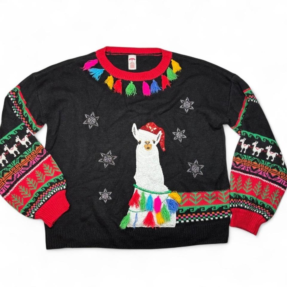 Holiday Time Llama Ugly Christmas Sweater Women L Red Tassels Santa Fair Isle